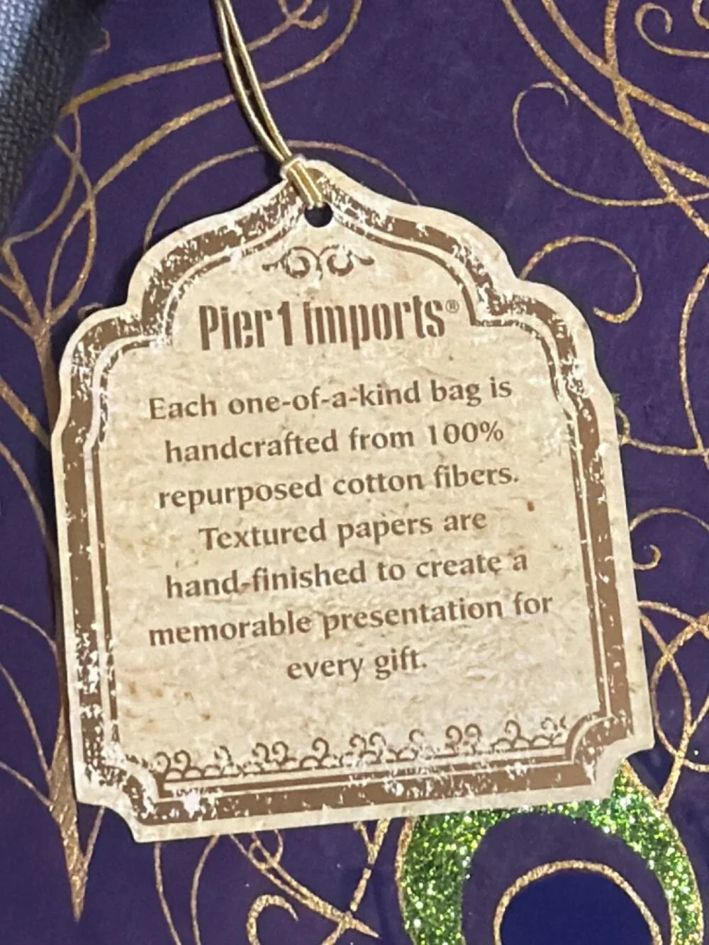 Vintage Pier 1 Import Handcrafted Cotton Fiber Gift Bag Gold Peacock Feather NWT